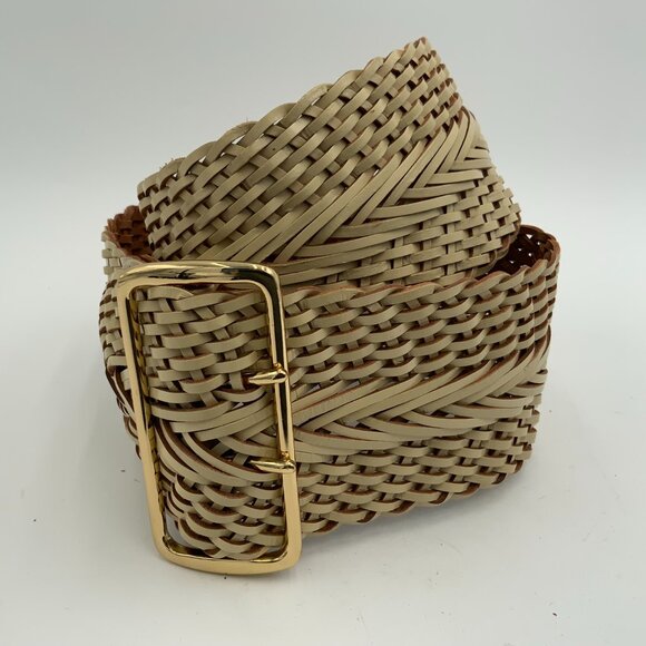 Linea Pelle Women's Cream Leather Woven Braided Wide Belt Brass Buckle - Size S - Picture 6 of 6